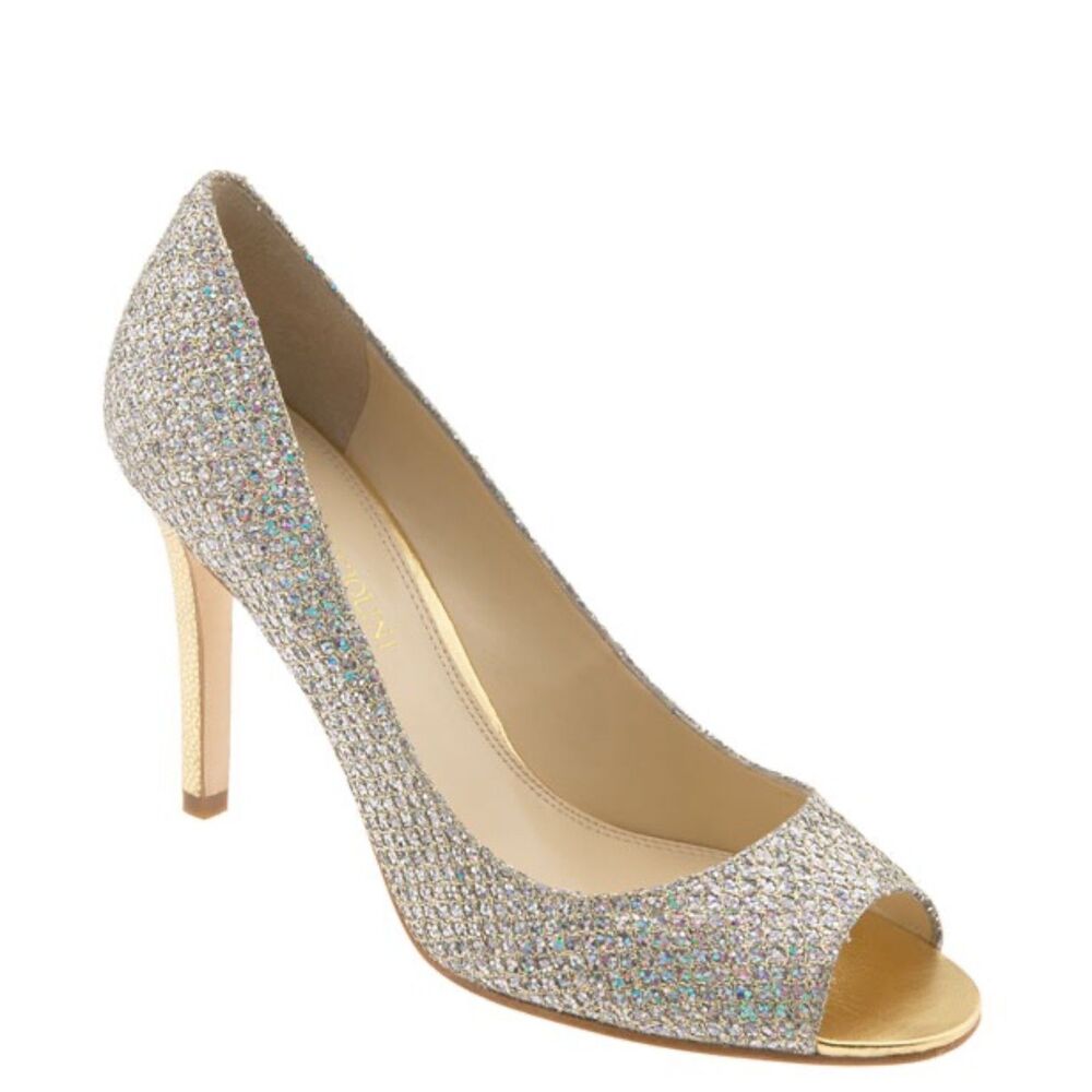 Enzo Angiolini Merryann Silver Glitter Peep Toe Gold Stiletto Heels Pumps Size 8